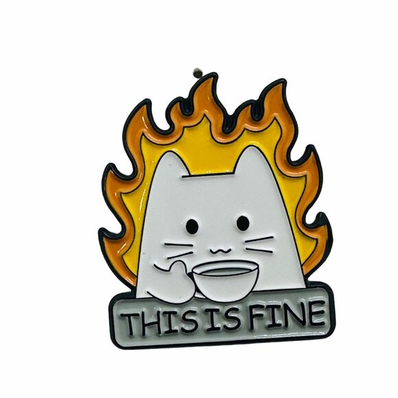 ✨This Is Fine Cat On Fire Sipping Tea Enamel Pin Animal Broch White Cat Cartoon✨ - Picture 4 of 5